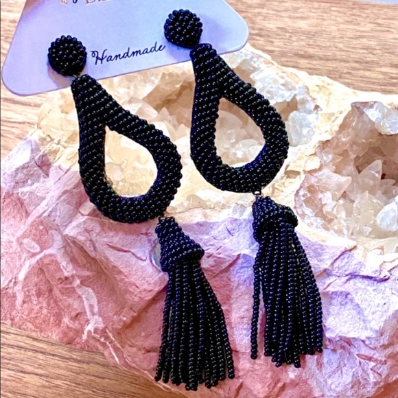 NWT Anthropologie Deepa Beaded Black Hoop Chandeliers - Picture 2 of 16